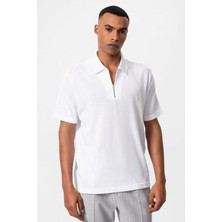 Antioch Beyaz Polo Yaka Fermuarlı Erkek T-Shirt