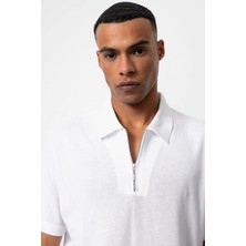 Antioch Beyaz Polo Yaka Fermuarlı Erkek T-Shirt