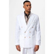 Antioch Beyaz 100% Keten Kruvaze Kapama Erkek Blazer Ceket
