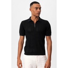 Antioch Siyah Polo Yaka Fermuarlı Örme Erkek T-Shirt