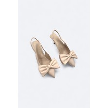 Melen Shoes Elan Bej Arkası Açık Fiyonk Detaylı Kadın Stiletto Topuklu Ayakkabı