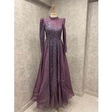 Hennin 24Y4863 Hennin Abiye Elbise Tek Tarafı Taş Işlemeli Kabarık Astarlı - Hennin - 24Y4863 - Mor - 40
