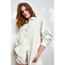 Minaaise Yeşil Neon Çizgili Keten Uzun Oversize Gömlek 27319