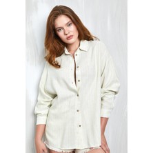 Minaaise Yeşil Neon Çizgili Keten Uzun Oversize Gömlek 27319