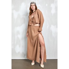 Minaaise Camel Müslin Kumaş Iki Tarafı Yırtmaçlı Püsküllü Uzun Etek 27351