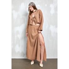 Minaaise Camel Müslin Kumaş Iki Tarafı Yırtmaçlı Püsküllü Uzun Etek 27351