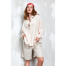Minaaise Oranj Neon Çizgili Keten Uzun Oversize Gömlek 27319