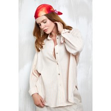 Minaaise Oranj Neon Çizgili Keten Uzun Oversize Gömlek 27319