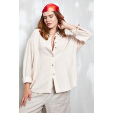 Minaaise Oranj Neon Çizgili Keten Uzun Oversize Gömlek 27319
