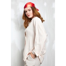 Minaaise Oranj Neon Çizgili Keten Uzun Oversize Gömlek 27319