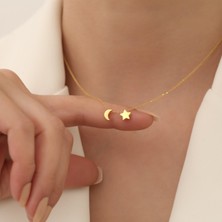 Nox Jewelry 14 Ayar Altın Mikron Kaplama Ay Yıldız Gümüş Kolye - CN00293