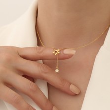 Nox Jewelry 14 Ayar Mikron Kaplama Yıldız Detaylı Sallantılı Kravat Kolye – Taşlı Minimal Tasarım CN00522