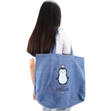 İcone Bag Bez Kadın Çantası, Geniş Hacimli, Beyaz Penguen Baskılı El ve Omuz Bez Çanta