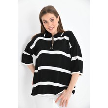 Parkkaron Polo Yaka Fermuarlı Çizgili Salaş Mevsimlik Trko Kazak