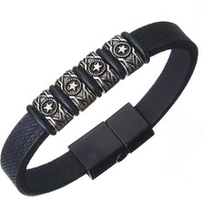 İdol Avm Yıldız Aksesuarlı Siyah Erkek Deri Bileklik