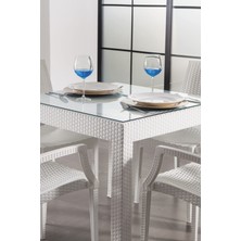 Sandalie Plastik Rattan 80X80 Camlı Beyaz Masa - Bahçe&balkon&teras Kare Sabit 80 x 80 Beyaz