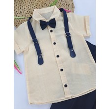 Bonboner Kids Erkek Çocuk Kapri Pantolon Gömlek Ikili Takım Papyonlu Boyundan Askılı Kemerli Turncu Çizgili Gömlek