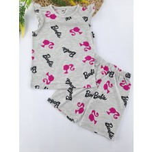 Bonboner Kids Kız Çocuk Yazlık Şortlu Pijama Takımı Pembe Gri Renk Barbie Baskılı