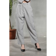 Kadın Süs Cepli Çizgili Havuç Pantolon Çizgili Gri - 36141