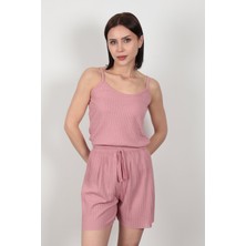 İp Askılı Şortlu Kaşkorse Kadın Pijama Takımı Pamuk Karışımlı Kumaş Gül - 6015