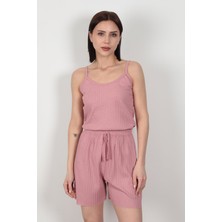 İp Askılı Şortlu Kaşkorse Kadın Pijama Takımı Pamuk Karışımlı Kumaş Gül - 6015