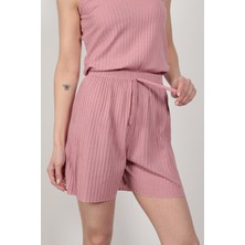 İp Askılı Şortlu Kaşkorse Kadın Pijama Takımı Pamuk Karışımlı Kumaş Gül - 6015
