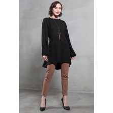 Kadın Kuşaklı Kolları Piliseli Kolyeli Tunik Siyah - 6016