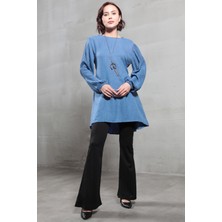 Kadın Kuşaklı Kolları Piliseli Kolyeli Tunik İndigo - 6016