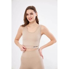 Tua Moda Fitilli Baskılı Crop - Bej