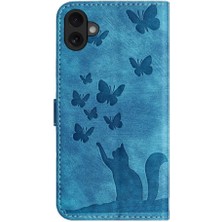 YH Market IPhone 16 Için Flip Case Kabartmalı Kelebek Kedi Cüzdan Kılıf Tutucu Kapak (Yurt Dışından)