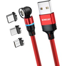 4U Sky 2m Manyetik Telefon Şarj Kablosu 3A Usb'den Ip'ye / Tip-C / Mikro USB Naylon Örgülü Veri Kablosu, LED Işıklı - Kırmızı (Yurt Dışından)