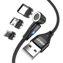 4U Sky 1m 3A Hızlı Şarj Kablosu 3'ü 1 Arada Manyetik Usb'den 8 Pimli / Tip-C / Mikro USB Veri Kablosu, LED Işıklı - Siyah (Yurt Dışından)