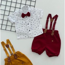 Derin Bebe Neşeli Bebeklerimize Gözlük Desen Papyonlu Pantolon Askılı Kısa Kol Şortlu Takım Bordo