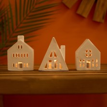 Evidea Deco 3'Lü Ev Şekilli Mumluk Seti - Beyaz - 19 Cm