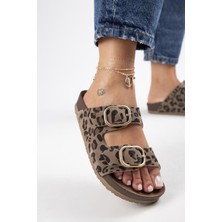 Manijero Jazmin Leopar Kadın  Deri Çift Tokalı  Vizon Terlik