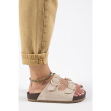 Manijero Jazmin Kadın  Deri Çift Tokalı  Bej Terlik