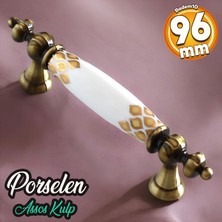 Badem10 Assos Gerçek Porselen Antik Sarı Beyaz 96 mm Mobilya Mutfak Kulp Çekmece Dolap Kulplar Kulbu