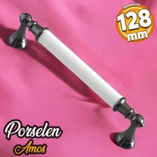 Badem10 Amos Gerçek Porselen Beyaz Füme 128 mm Mobilya Mutfak Kulp Çekmece Dolap Kulplar Kulbu