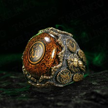 Takılingo 925 Ayar Gümüş Kehribar Taşlı Ayetel Kursi Işlemeli Aslan Motifli Erkek Yüzük