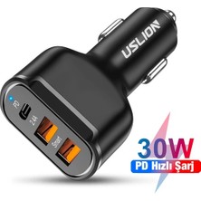 USLİON 30W 2 USB + Type-C Girişli QC3.0 Hızlı Araç Çakmaklık Şarjı