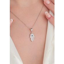 TMT Silver Gümüş Fatma Ana Eli El Nazar Boncuklu Boncuğu  Zirkon Taşlı Mavi Göz Kolye