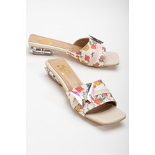 Dilimler Ayakkabı Çiçekli Saten Kelebek Taş Tokalı Ten Kadın Kısa Topuklu Terlik