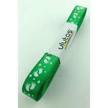 Yeşil Bebek Ayağı Figür Baskılı Saten Kurdele 1,5 cm