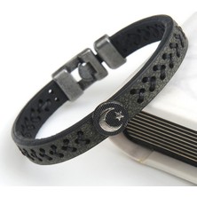 İdol Avm Ay Yıldız Askeri Yeşil Erkek Deri Bileklik Takı Aksesuar B24 T5