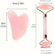 Trend Vitrin Pembe Kuvars Görünümlü Gua Sha Yüz Yogası Yüz Şekillendirici Roller Silindir Set