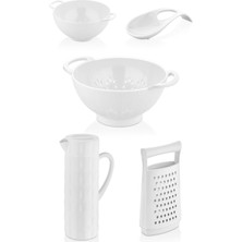 EW's Kitchenware Akrilik Beyaz 5 Parça Sürahi & Rende & Süzgeç & Mini Süzgeç & Kaşıklık & Mutfak Çeyiz Seti