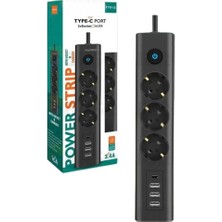 The Wlue 3'lü Akım Korumalı Priz Çoğaltıcı 1.5 Metre Uzatma Kablosu 3xusb 3.4A 1xtype-C