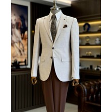 Terzi Adem Altun İtalyan stil slim fit ekose erkek ceket bej T12546