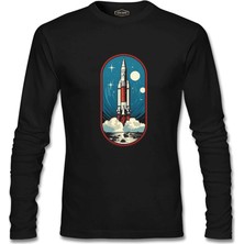 Lord T-Shirt Uzaya Seyahat Roket Kalkış Baskılı Siyah Erkek Sweatshirt