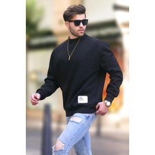 Madmext Siyah Bisiklet Yaka Oversize Şardonlu Arma Detaylı Erkek Sweatshirt 7043